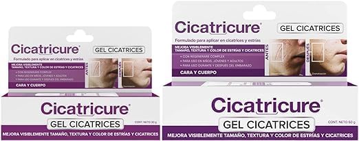 CICATRICURE 2 PACK Gel Cicatrices y Estrias, disminuye tamaño, textura y color de estrías y cicatrices de cirugías, cortaduras, rasguños, quemaduras y acné 30g + 60g