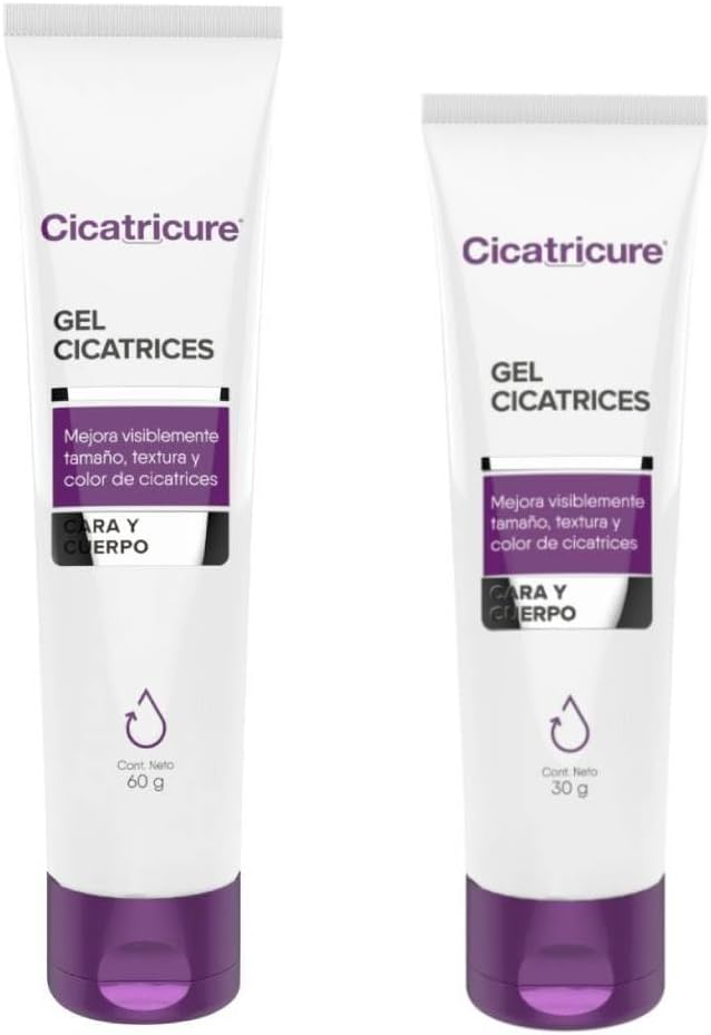 CICATRICURE 2 PACK Gel Cicatrices y Estrias, disminuye tamaño, textura y color de estrías y cicatrices de cirugías, cortaduras, rasguños, quemaduras y acné 30g + 60g